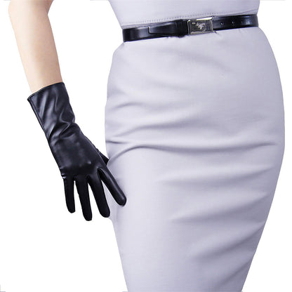 Women's Black Faux Leather Slim Fit Full Finger Party Gloves