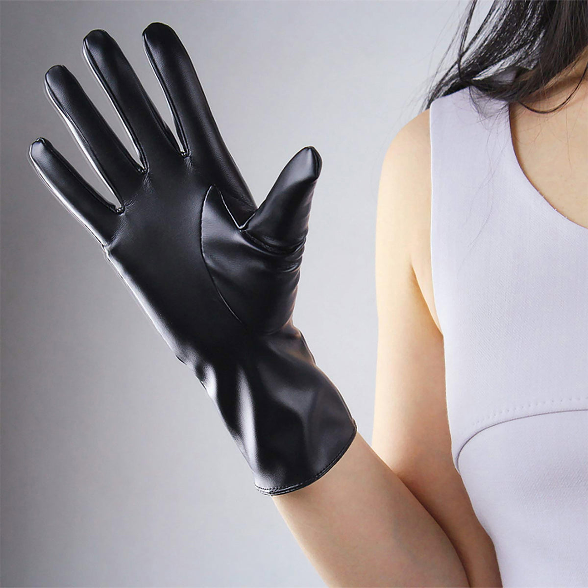Women's Black Faux Leather Slim Fit Full Finger Party Gloves