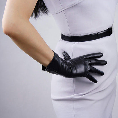 Women's Black Faux Leather Slim Fit Full Finger Party Gloves