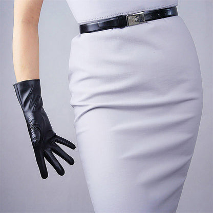 Women's Black Faux Leather Slim Fit Full Finger Party Gloves