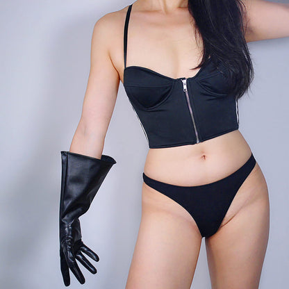 Women's Black Faux Leather Slim Fit Full Finger Party Gloves