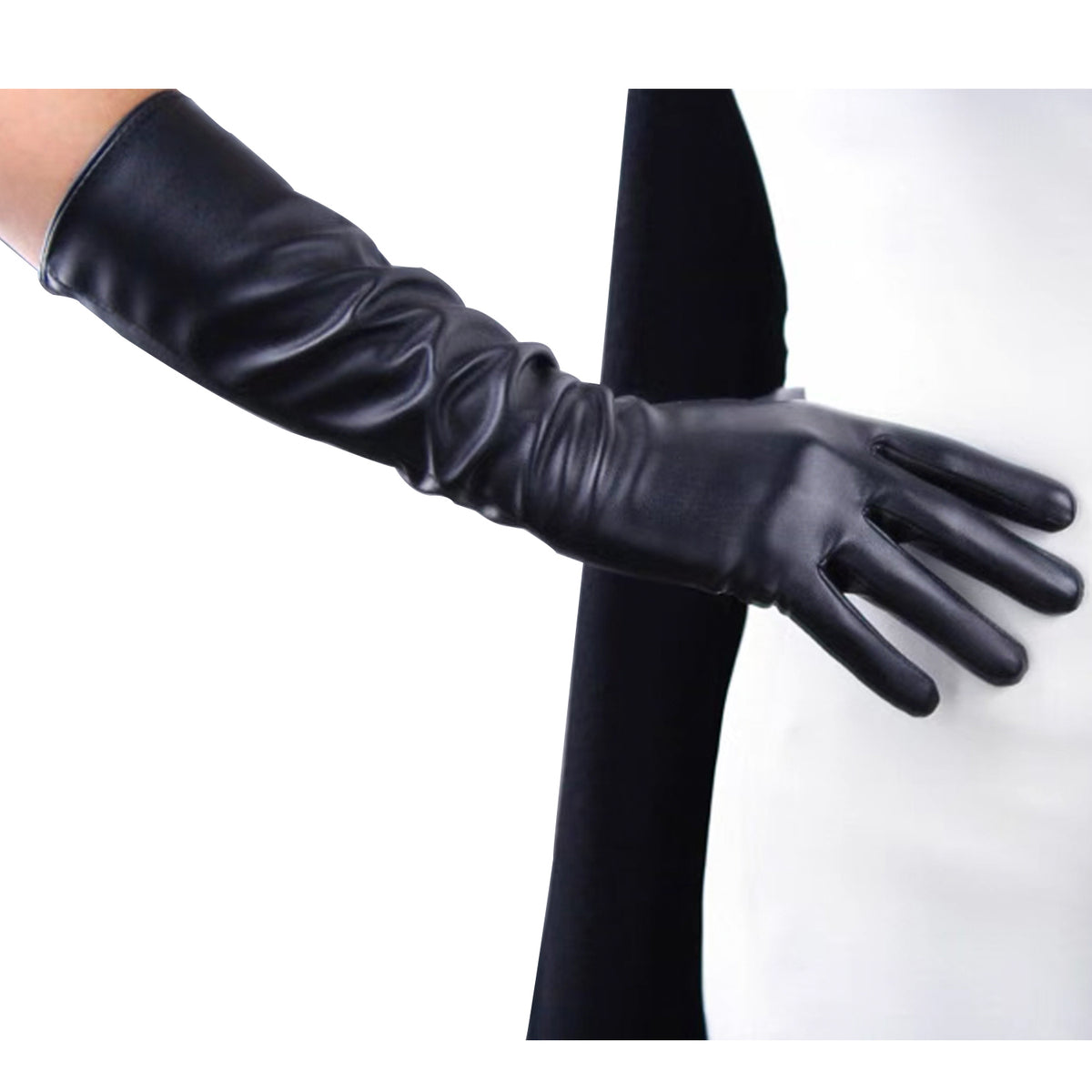 Women's Black Faux Leather Slim Fit Full Finger Party Gloves