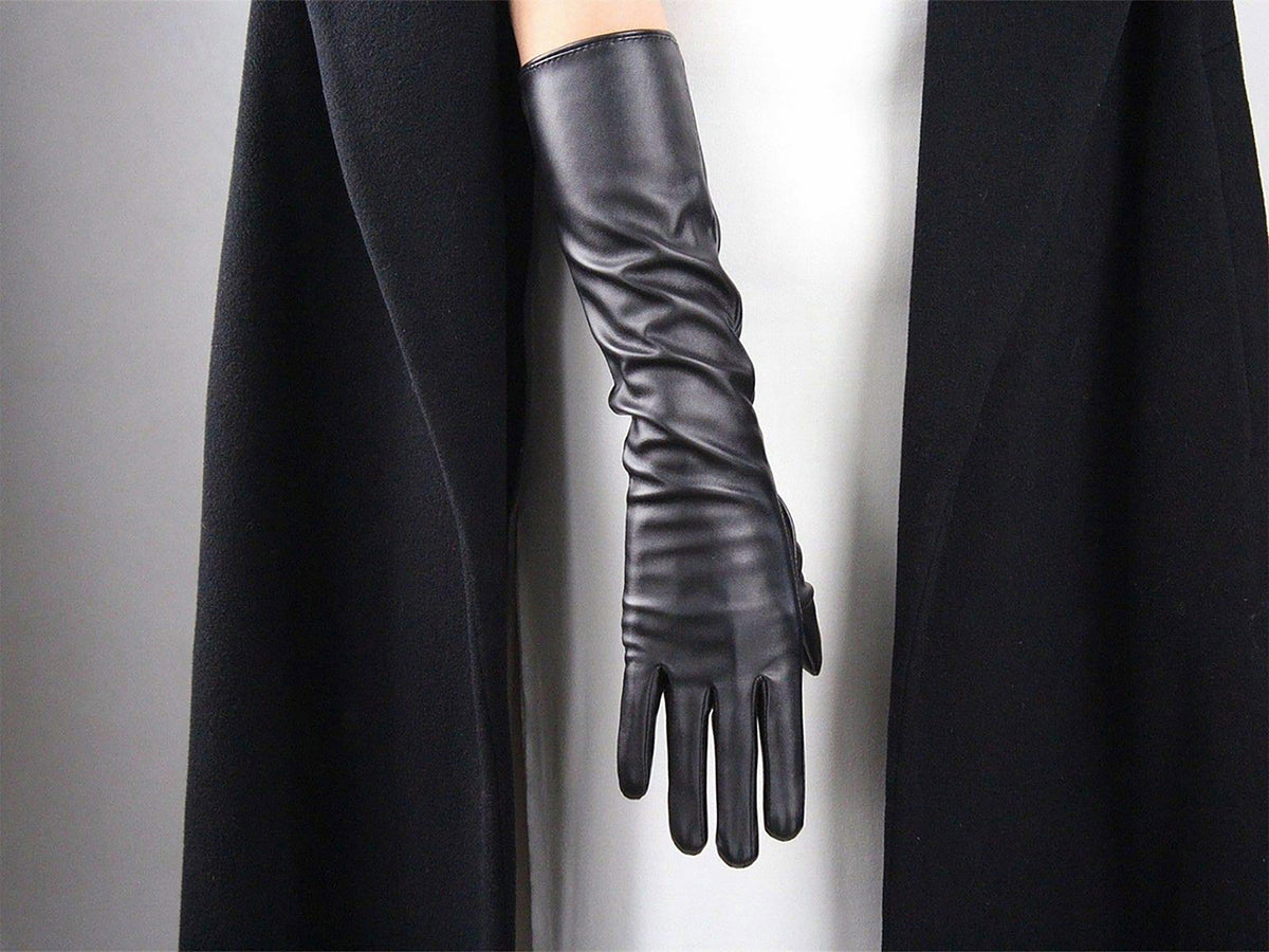Women's Black Faux Leather Slim Fit Full Finger Party Gloves
