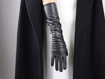 Women's Black Faux Leather Slim Fit Full Finger Party Gloves
