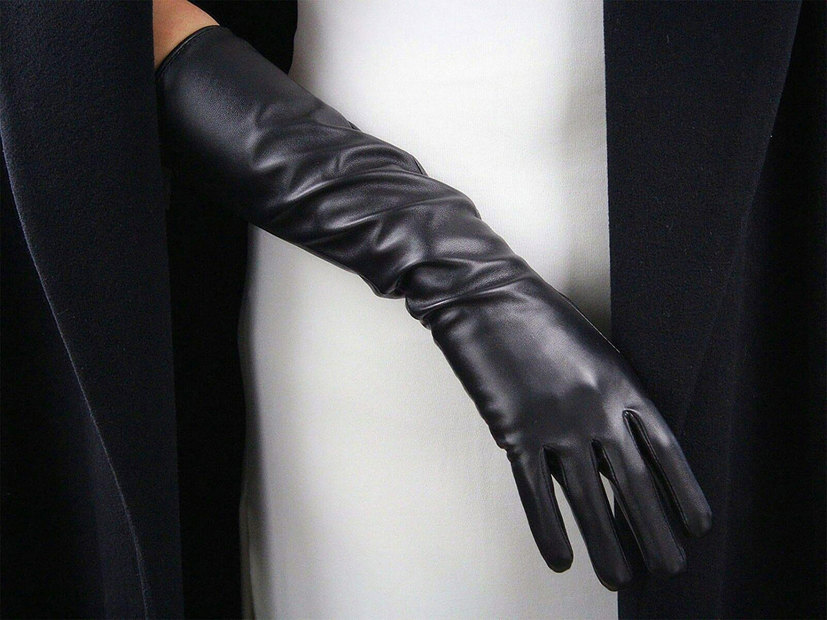 Women's Black Faux Leather Slim Fit Full Finger Party Gloves
