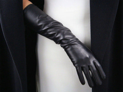 Women's Black Faux Leather Slim Fit Full Finger Party Gloves