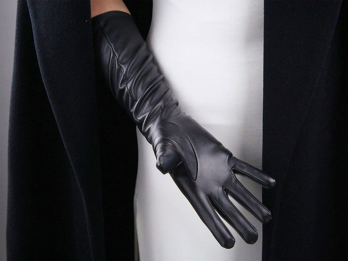 Women's Black Faux Leather Slim Fit Full Finger Party Gloves
