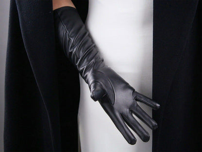 Women's Black Faux Leather Slim Fit Full Finger Party Gloves