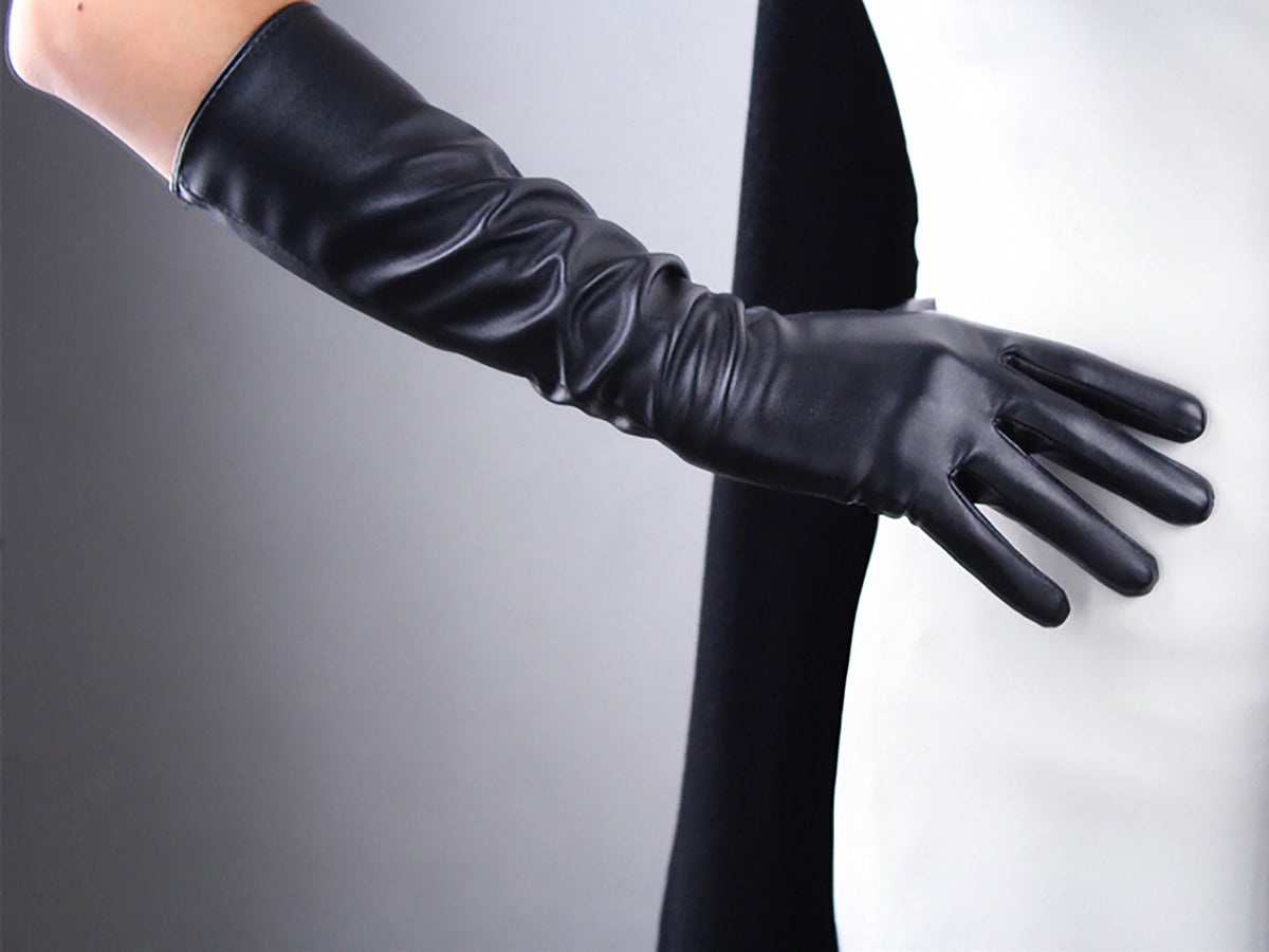 Women's Black Faux Leather Slim Fit Full Finger Party Gloves