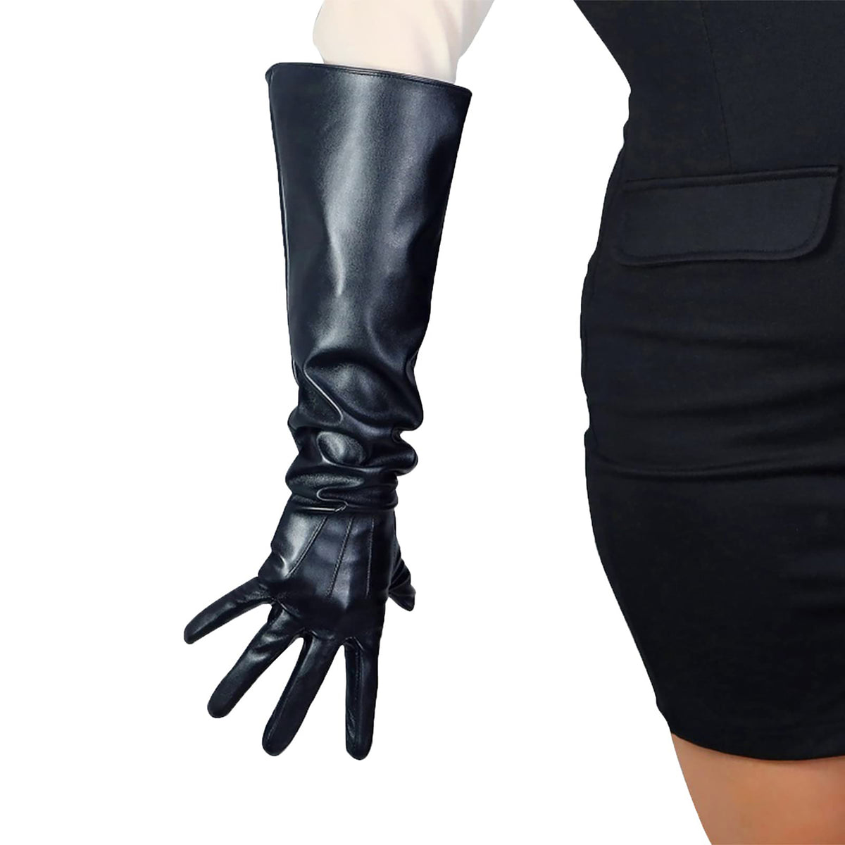 Women's Black Faux Leather Slim Fit Full Finger Party Gloves