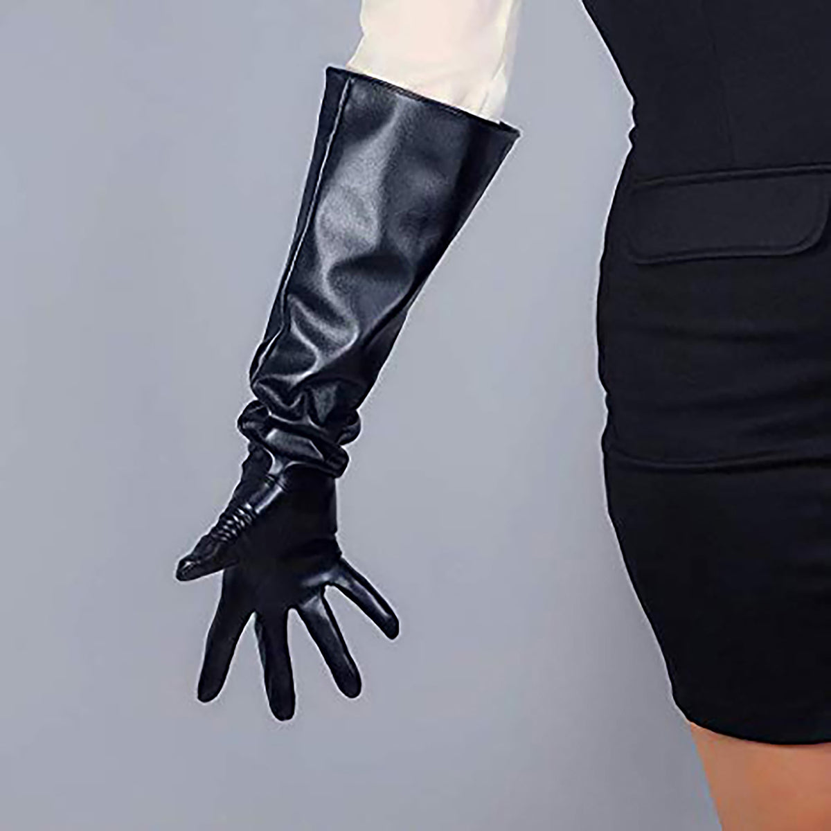 Women's Black Faux Leather Slim Fit Full Finger Party Gloves