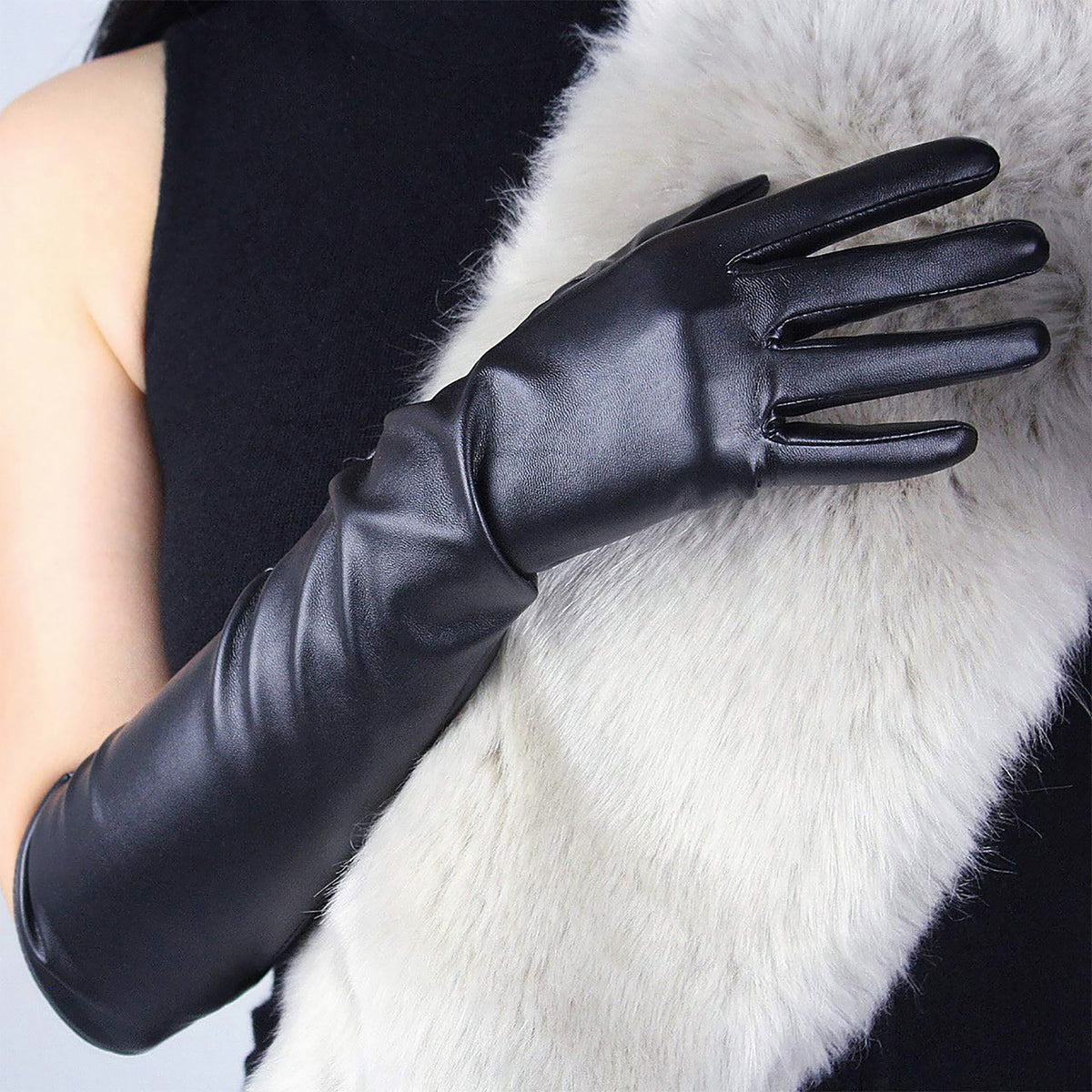 Women's Black Faux Leather Slim Fit Full Finger Party Gloves
