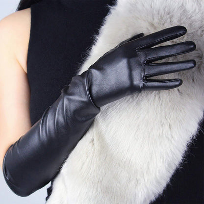 Women's Black Faux Leather Slim Fit Full Finger Party Gloves