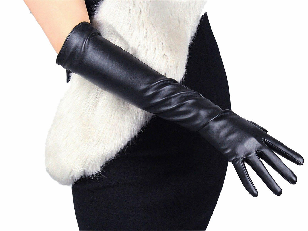 Women's Black Faux Leather Slim Fit Full Finger Party Gloves