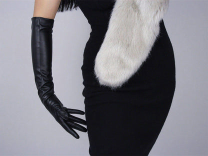 Women's Black Faux Leather Slim Fit Full Finger Party Gloves