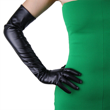 Women's Black Faux Leather Slim Fit Full Finger Party Gloves