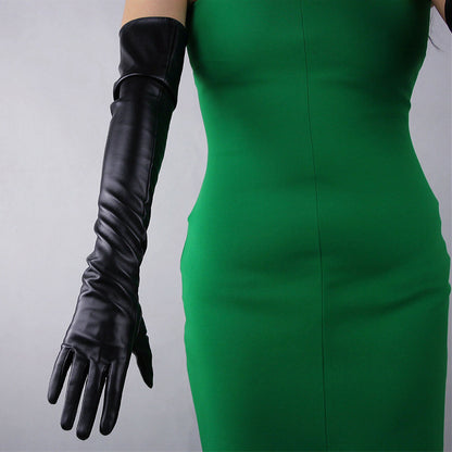 Women's Black Faux Leather Slim Fit Full Finger Party Gloves