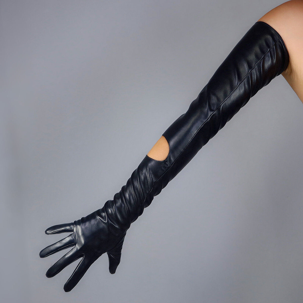 Women's Cut Out Leather 27.6 Inch Slim Fit Full Finger Party Gloves
