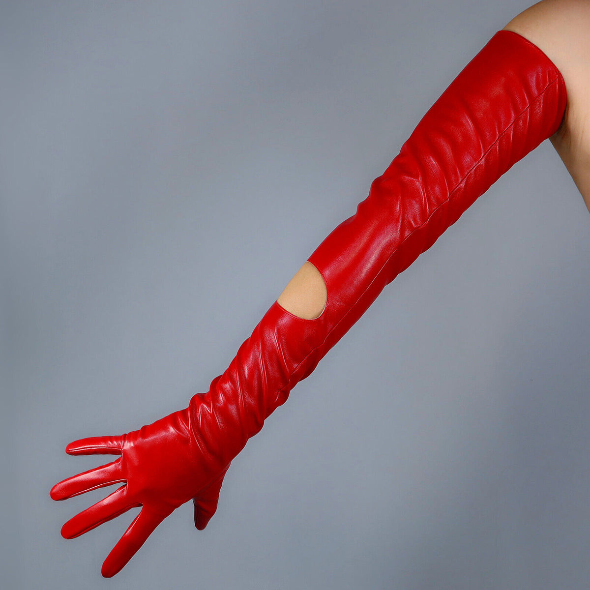 Women's Cut Out Leather 27.6 Inch Slim Fit Full Finger Party Gloves