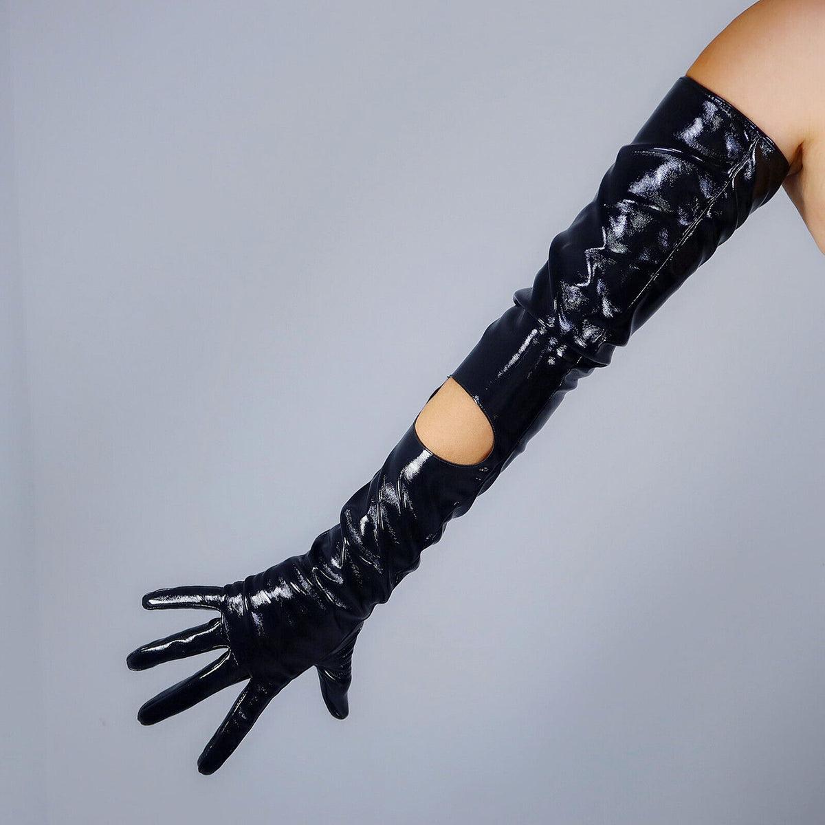 Women's Cut Out Leather 27.6 Inch Slim Fit Full Finger Party Gloves