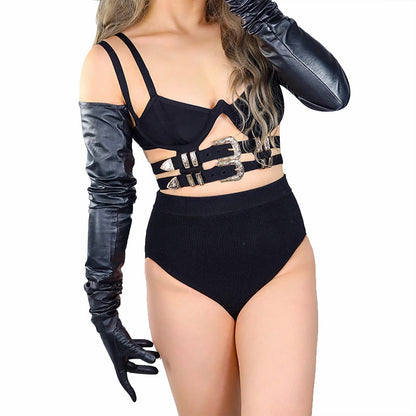 Unisex Black Leather 35.4 Inch Oversized Full Finger Party Gloves