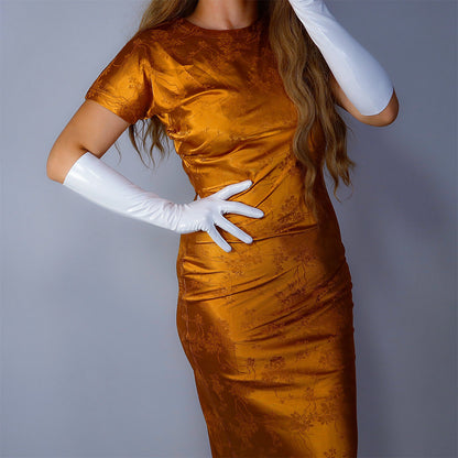 Women's Shiny Latex 15.7 Inch Slim Fit Full Finger Party Gloves