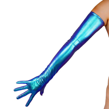 Women's Shiny Metallic Holo 27.6 Inch Slim Fit Full Finger Party Gloves