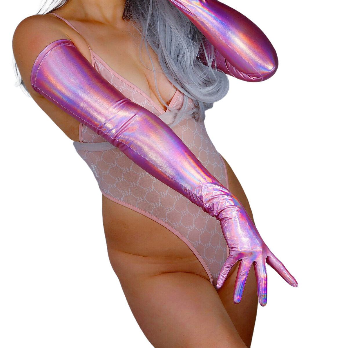 Women's Shiny Metallic Holo 27.6 Inch Slim Fit Full Finger Party Gloves