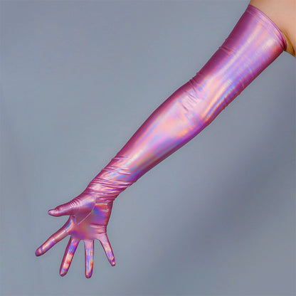 Women's Shiny Metallic Holo 27.6 Inch Slim Fit Full Finger Party Gloves