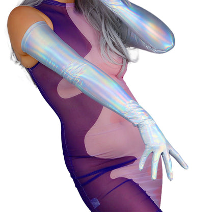 Women's Shiny Metallic Holo 27.6 Inch Slim Fit Full Finger Party Gloves
