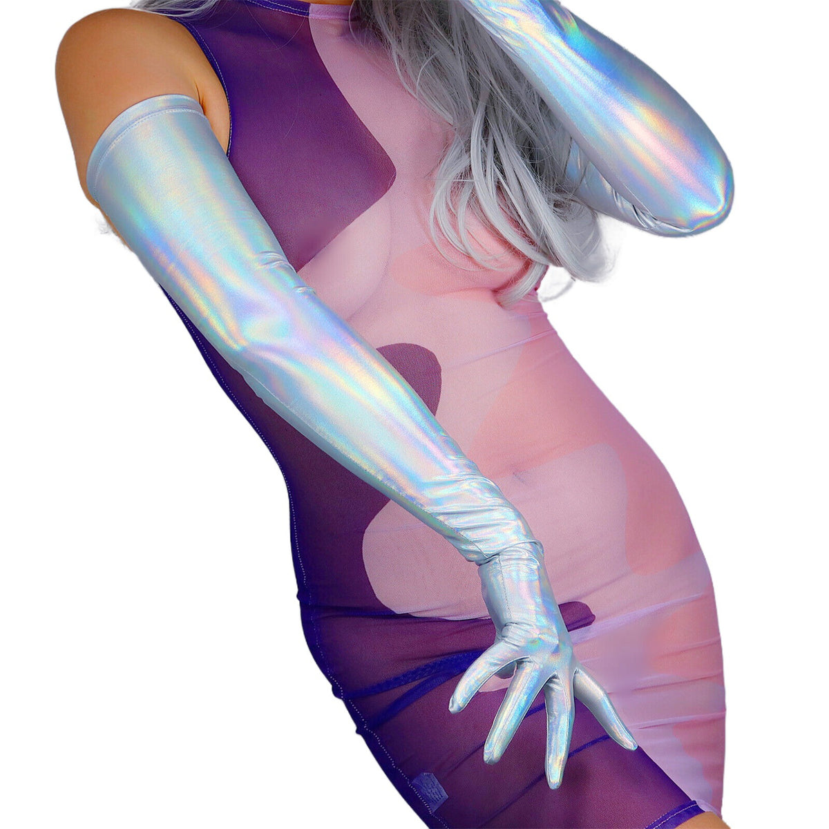 Women's Shiny Metallic Holo 27.6 Inch Slim Fit Full Finger Party Gloves