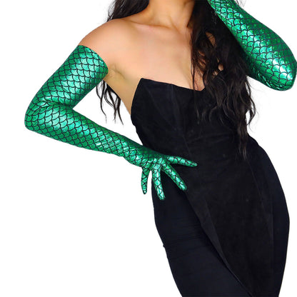 Women's Iridescent Metallic Holo 27.6 Inch Slim Fit Full Finger Party Gloves