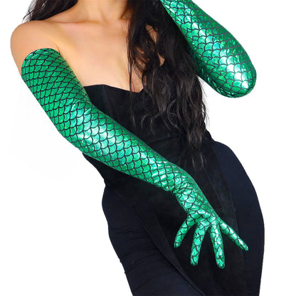Women's Iridescent Metallic Holo 27.6 Inch Slim Fit Full Finger Party Gloves