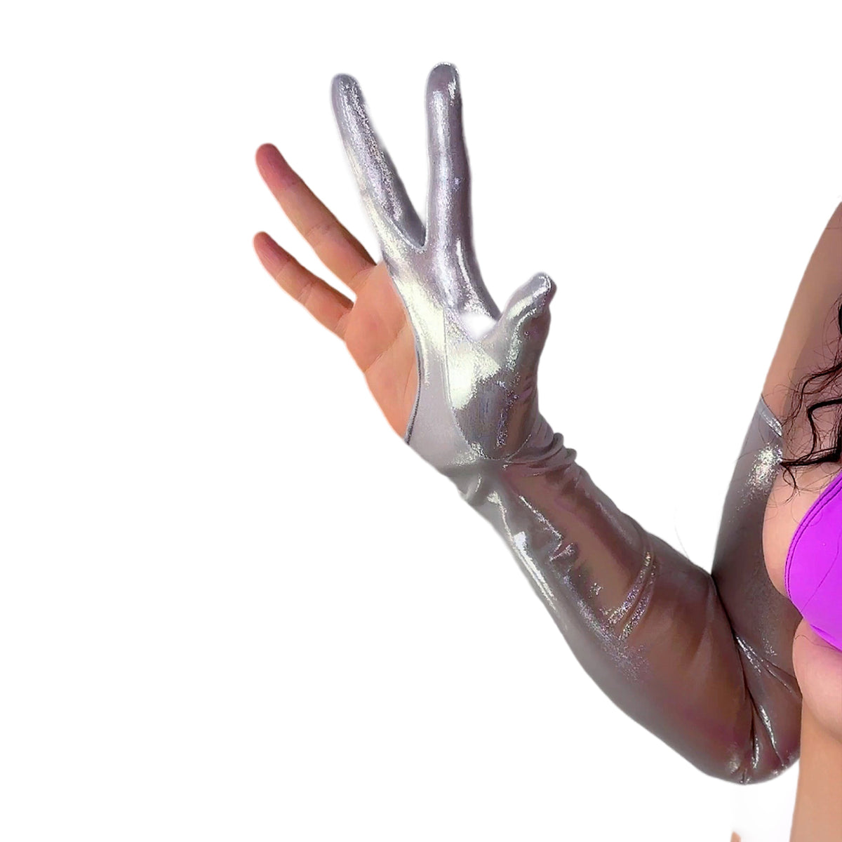 Women's Metallic Holo 27.6 Inch Slim Fit Fingerless Party Gloves