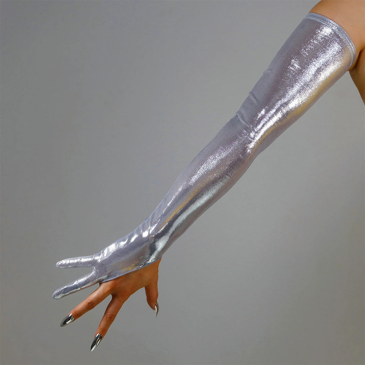 Women's Metallic Holo 27.6 Inch Slim Fit Fingerless Party Gloves